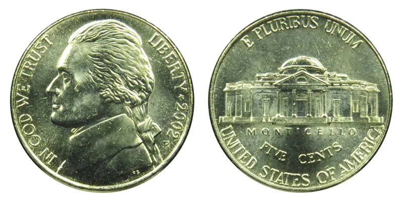 2002 Jefferson nickel obverse and reverse showing mint mark location on Philadelphia and Denver issues