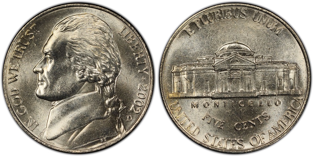 Comparison of 2002 nickel Monticello reverse showing weak steps versus Full Steps designation — five uninterrupted horizontal lines clearly visible