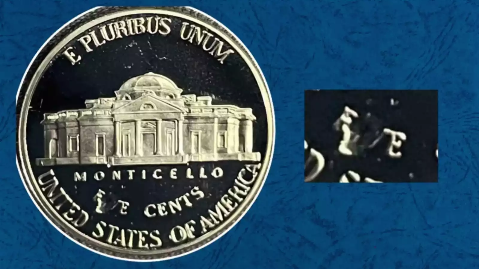 2002-D Jefferson nickel rim cud error showing raised blob of metal on the rim caused by a broken die segment