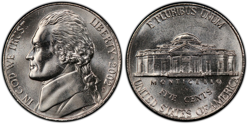 2002 Jefferson nickel grading strip showing four condition tiers from heavily worn through gem uncirculated with Full Steps designation